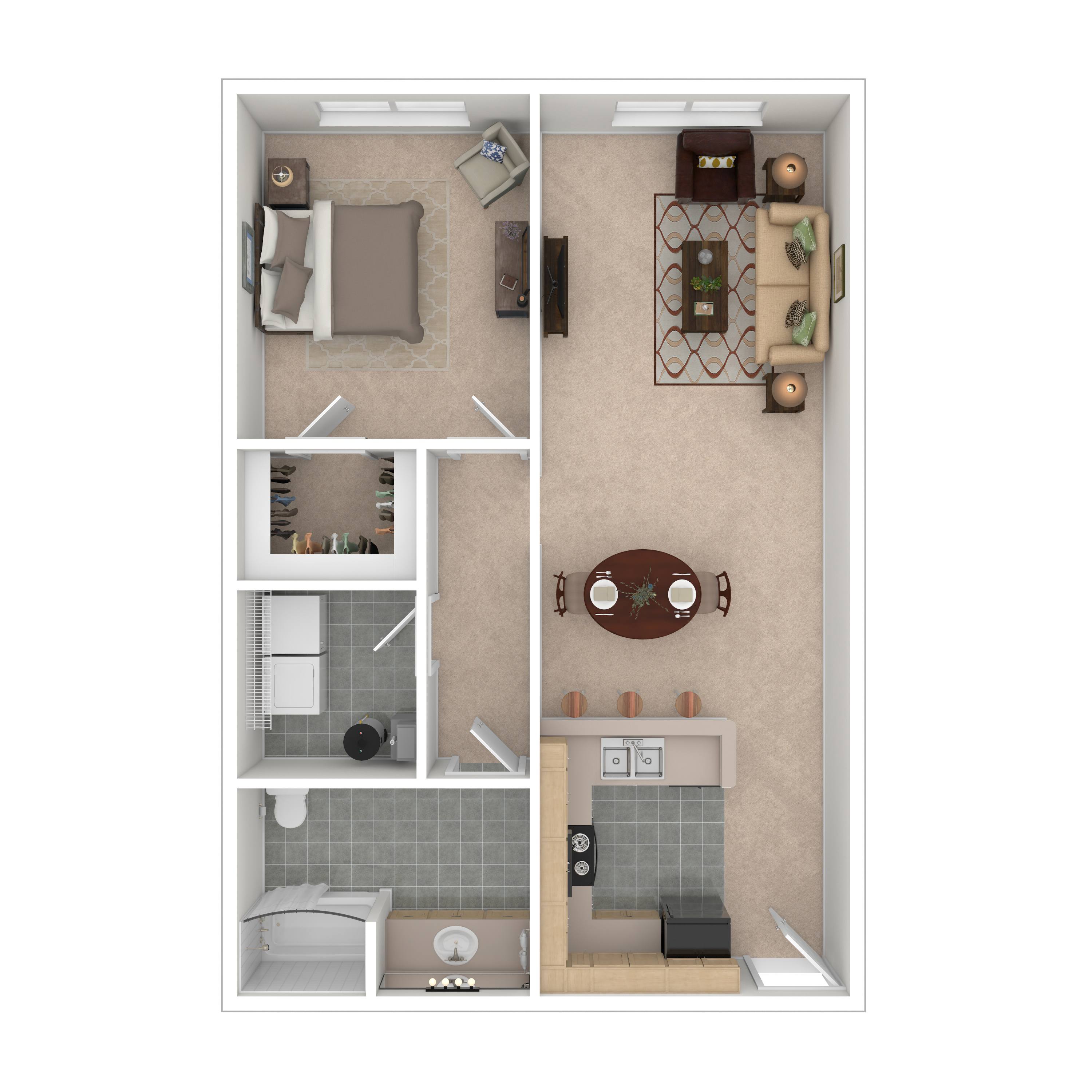 Floor plan for 1 bed, 1 bath, 906 sqft